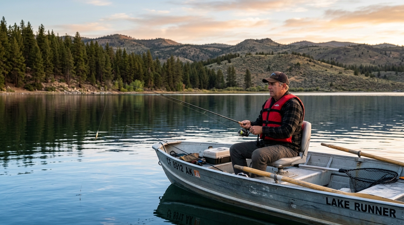 Angler fishing from a boat on Eagle Lake in Lassen County, California