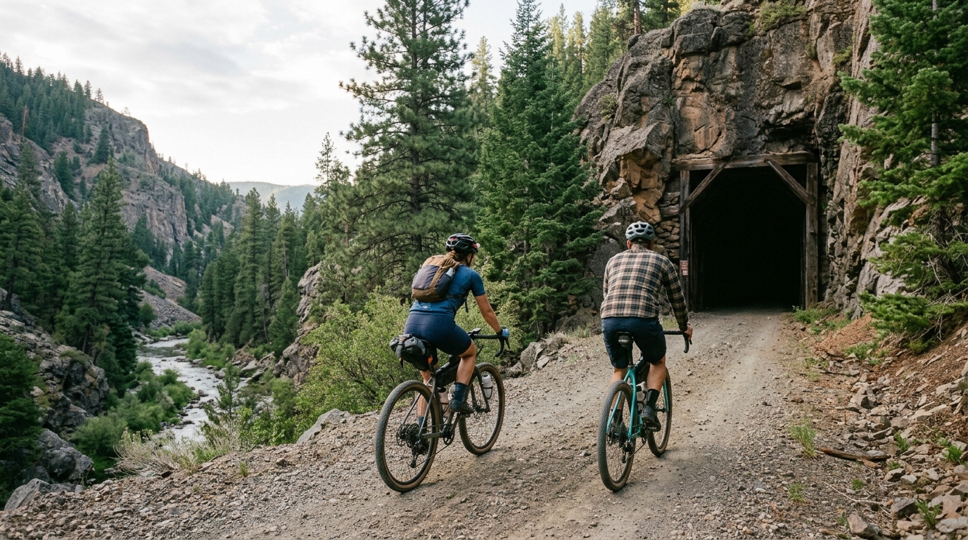 Cyclists approaching a railroad tunnel on the Bizz Johnson Trail
