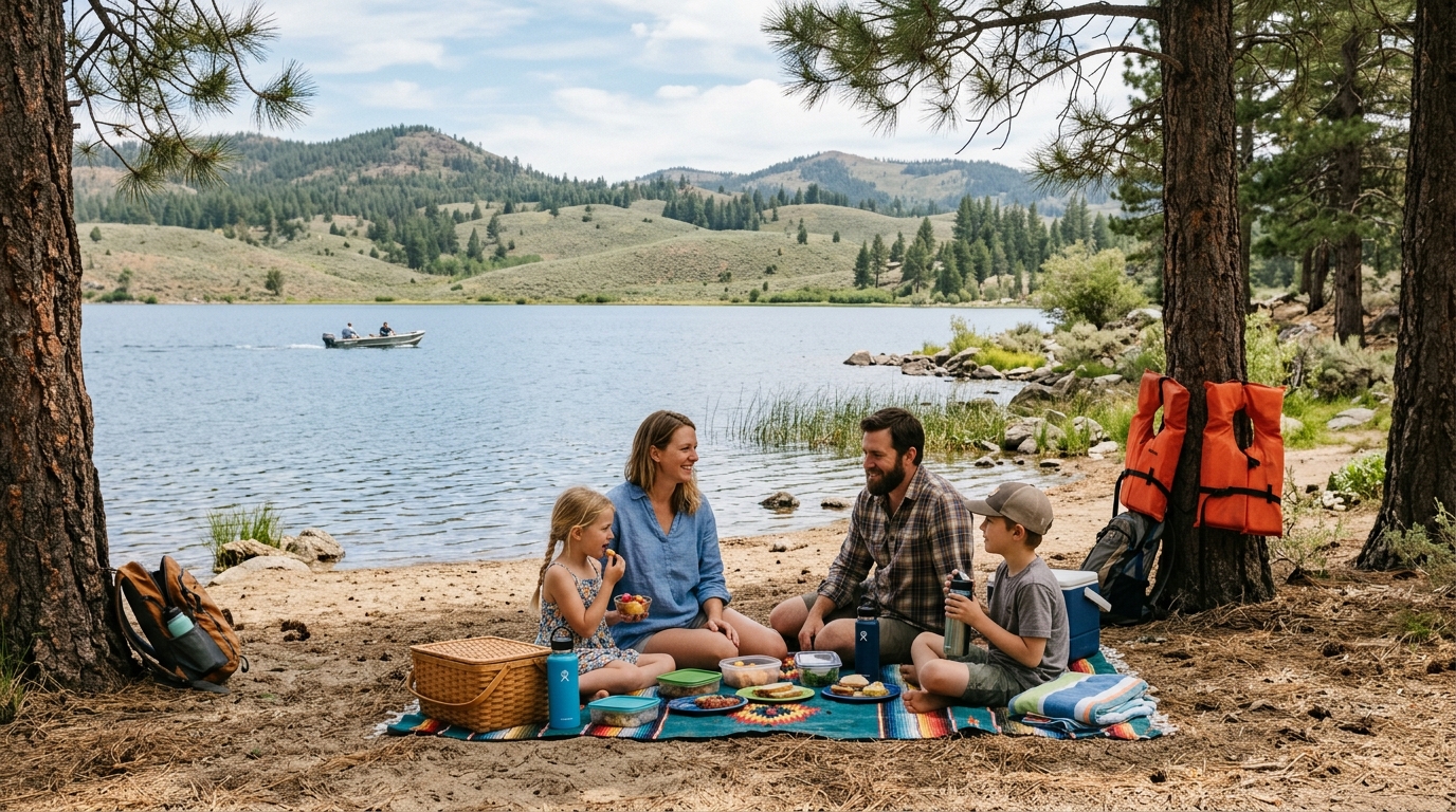 Family enjoying a shoreline picnic beside Eagle Lake in Lassen County