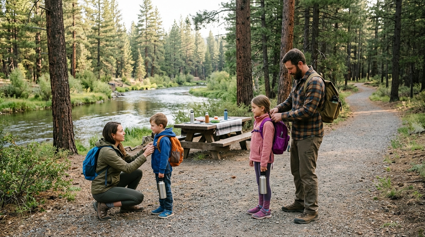 Family preparing for a riverside walk at Hobo Camp near Susanville