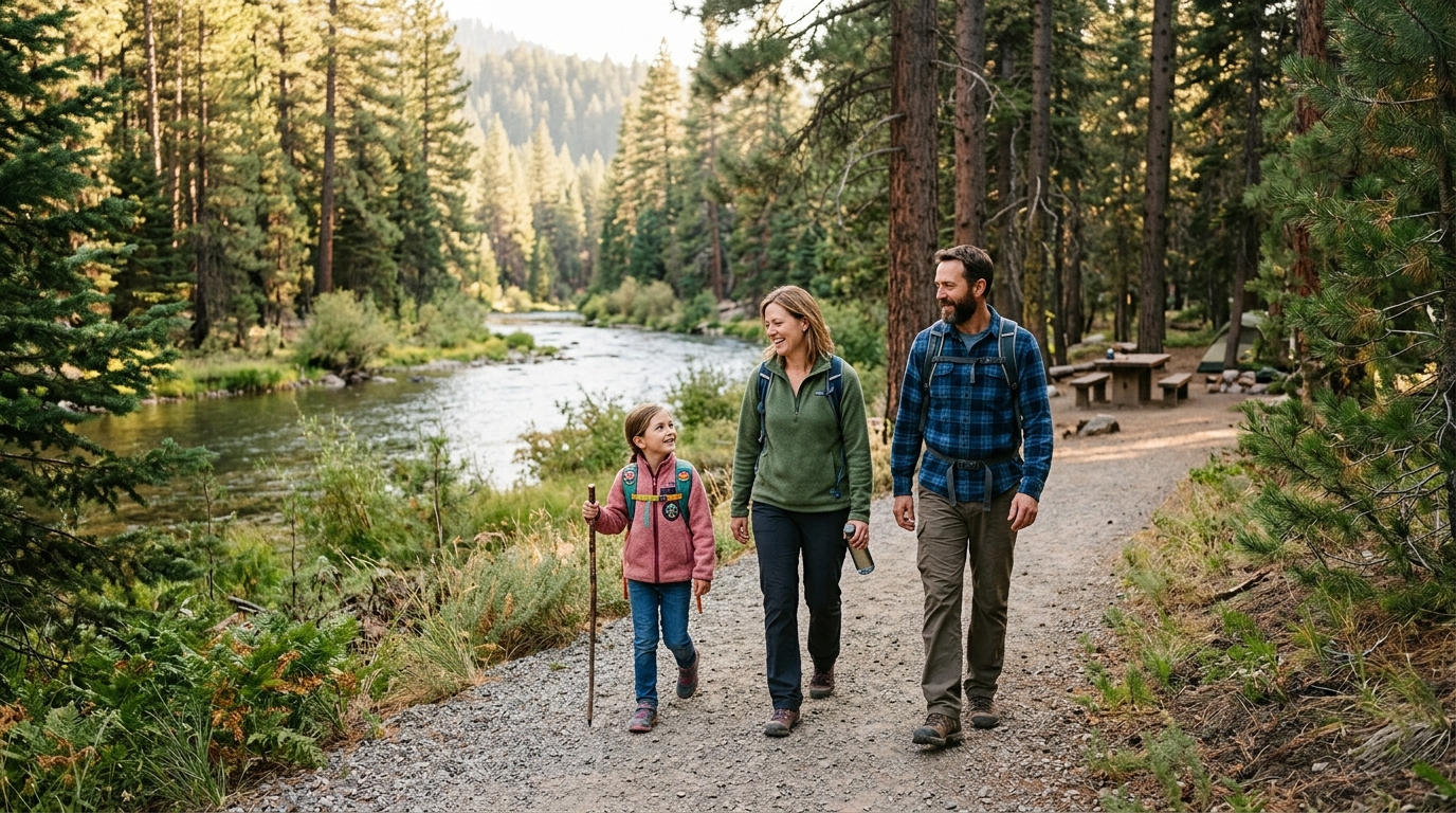 Family walking beside the Susan River on the Bizz Johnson Trail near Hobo Camp