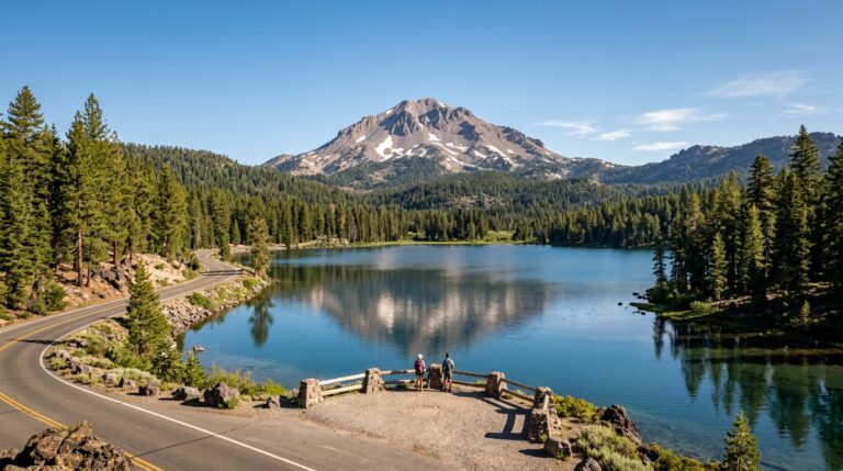 Lassen Peak and an alpine lake beside the scenic highway in Lassen Volcanic National Park