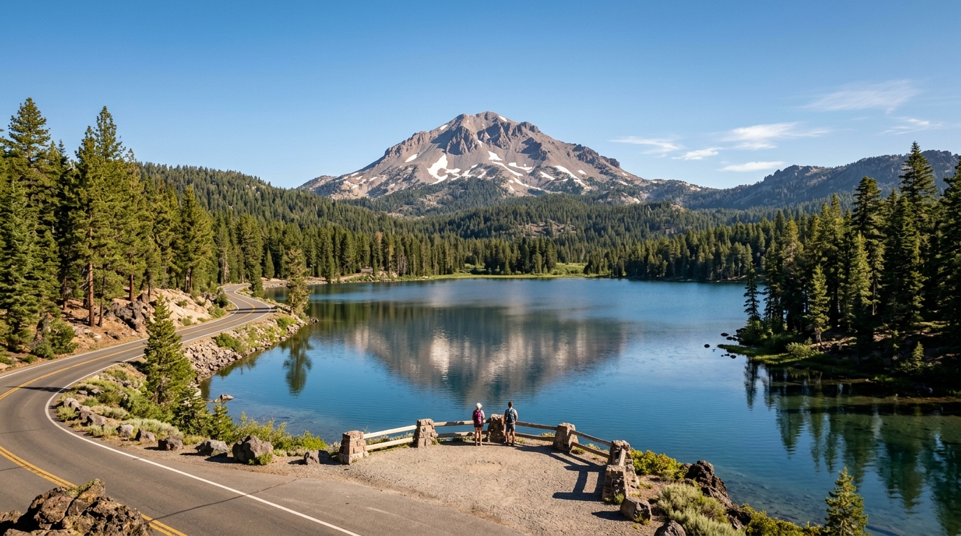 Lassen Peak and an alpine lake beside the scenic highway in Lassen Volcanic National Park