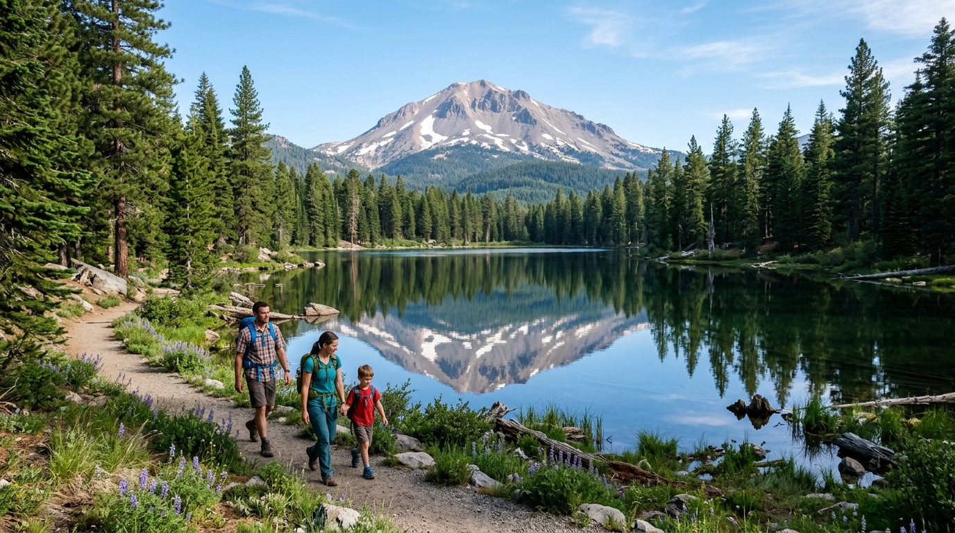 Lassen Peak reflected in Manzanita Lake near the northwest park entrance