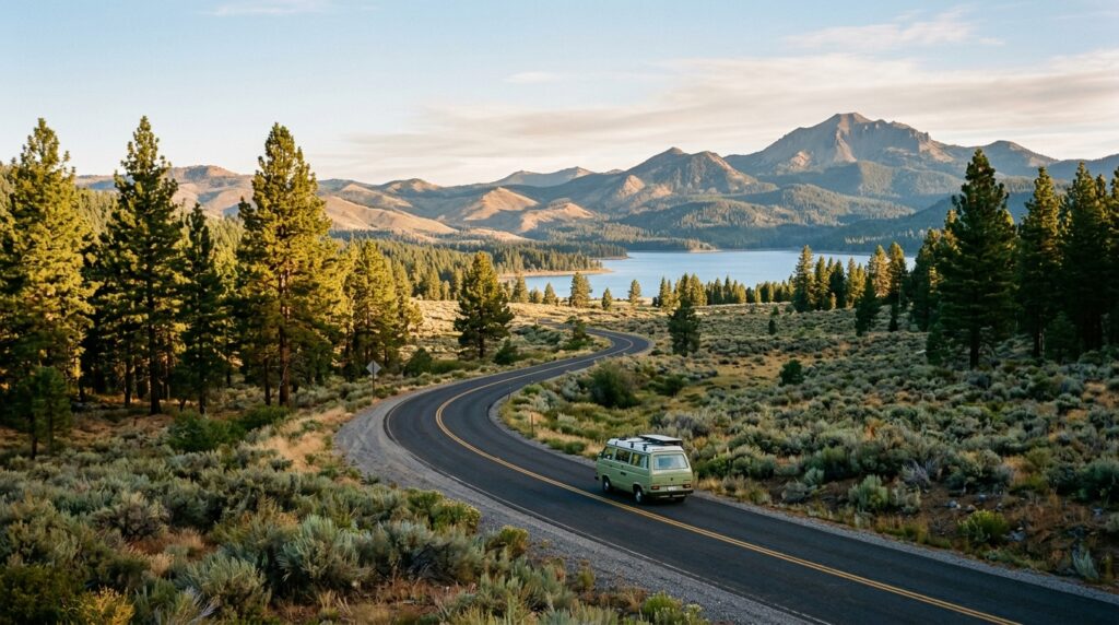 Scenic road leading through pine forest toward a lake in Lassen County, California