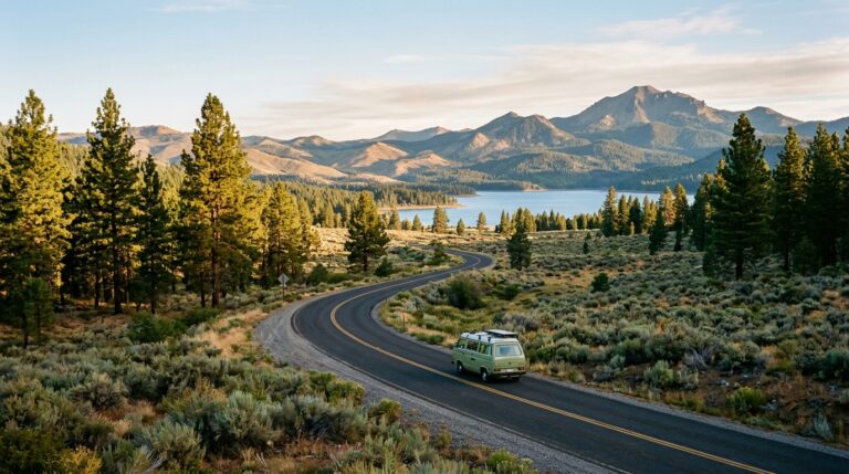 Scenic road leading through pine forest toward a lake in Lassen County, California