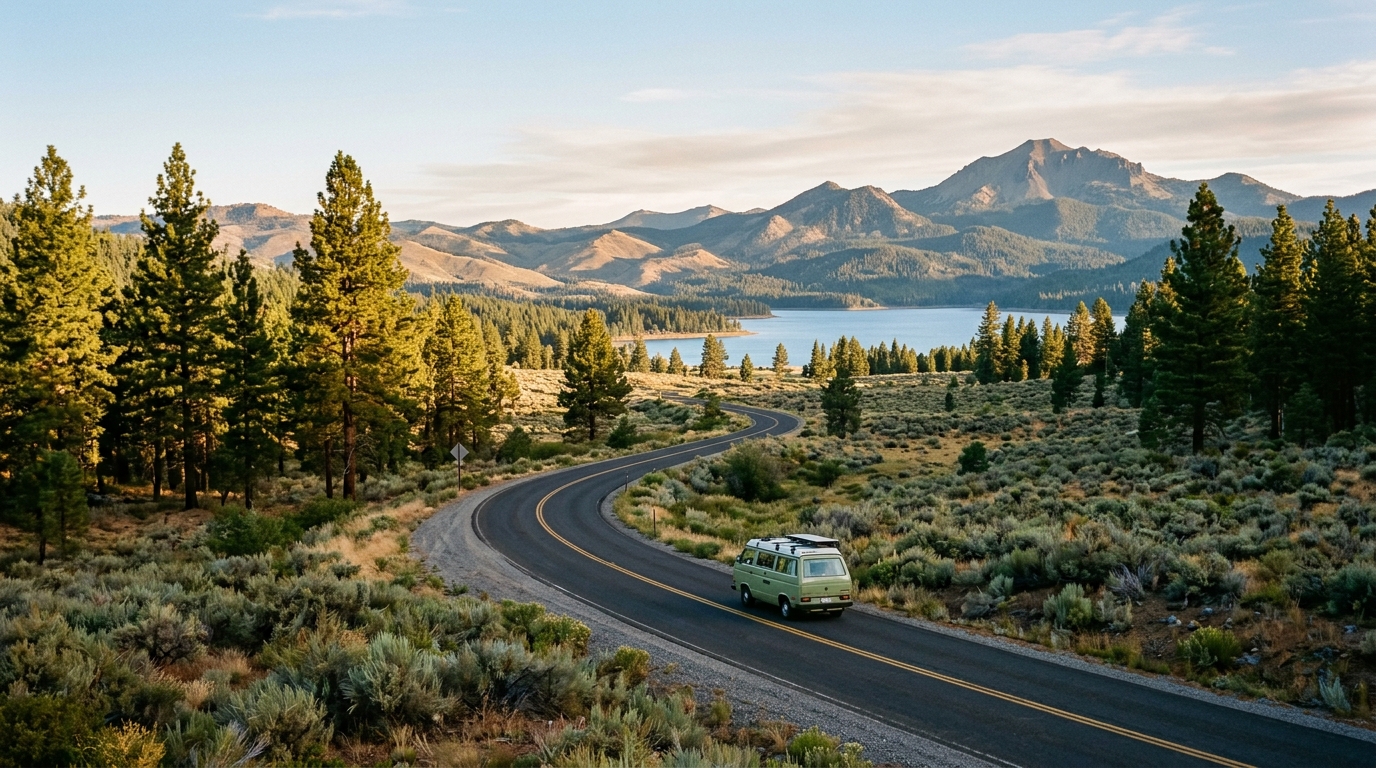 Scenic road leading through pine forest toward a lake in Lassen County, California