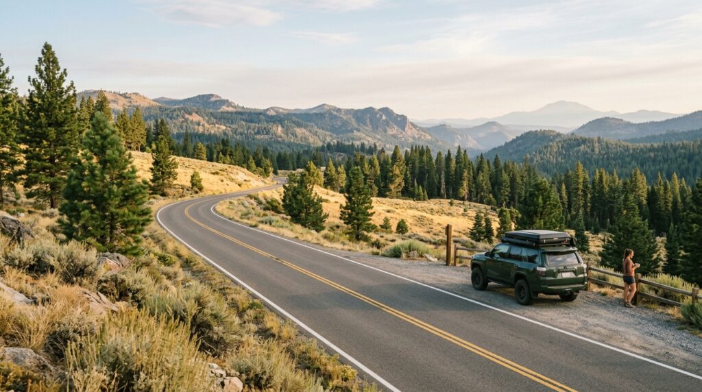 Scenic summer road through the pine and high-desert landscape of Lassen County, California