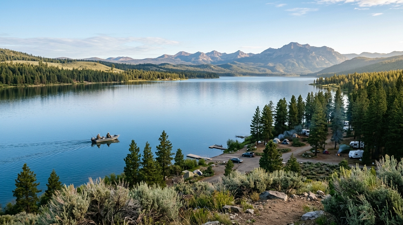 Summer view of Eagle Lake surrounded by pine forest and sagebrush hills in Lassen County, California