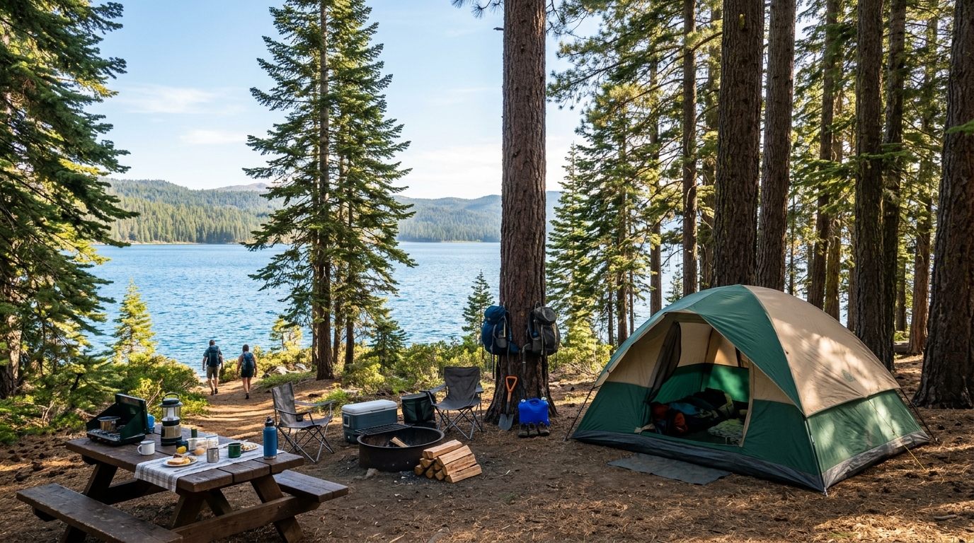 Tent campsite beneath pine trees near Eagle Lake in Lassen County