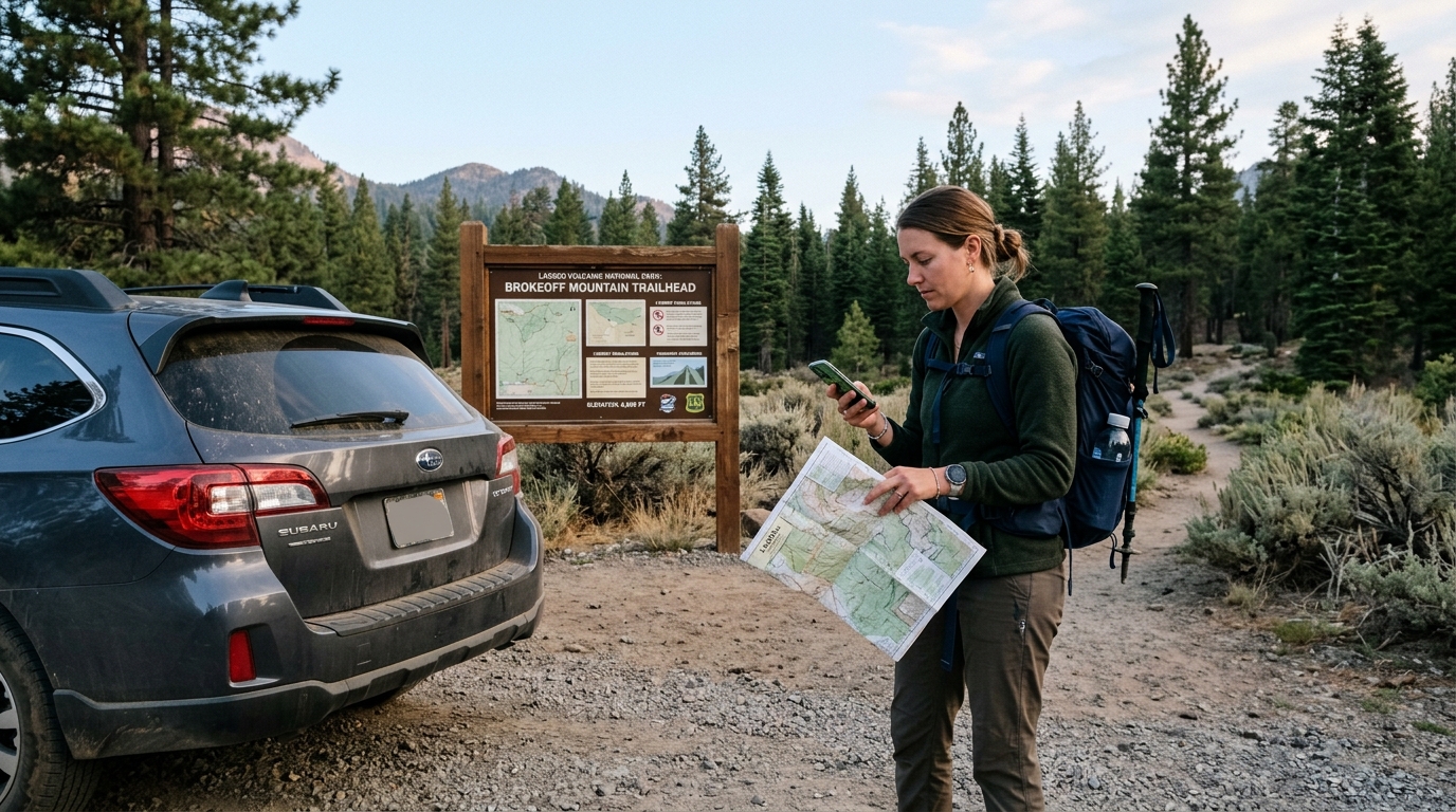 Traveler checking current conditions before entering a Lassen County trail