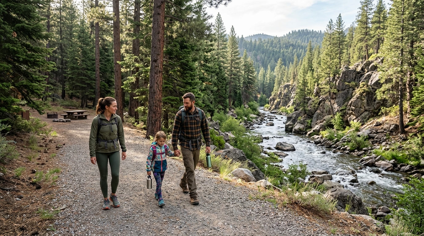 Visitors beginning a walk on the Bizz Johnson Trail at Hobo Camp near Susanville
