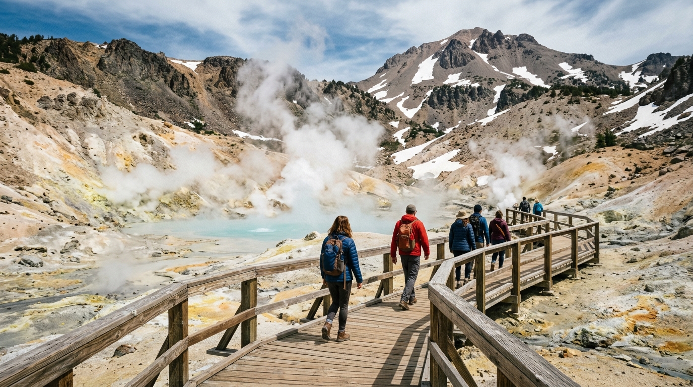 Visitors walking on the boardwalk through the Bumpass Hell hydrothermal basin